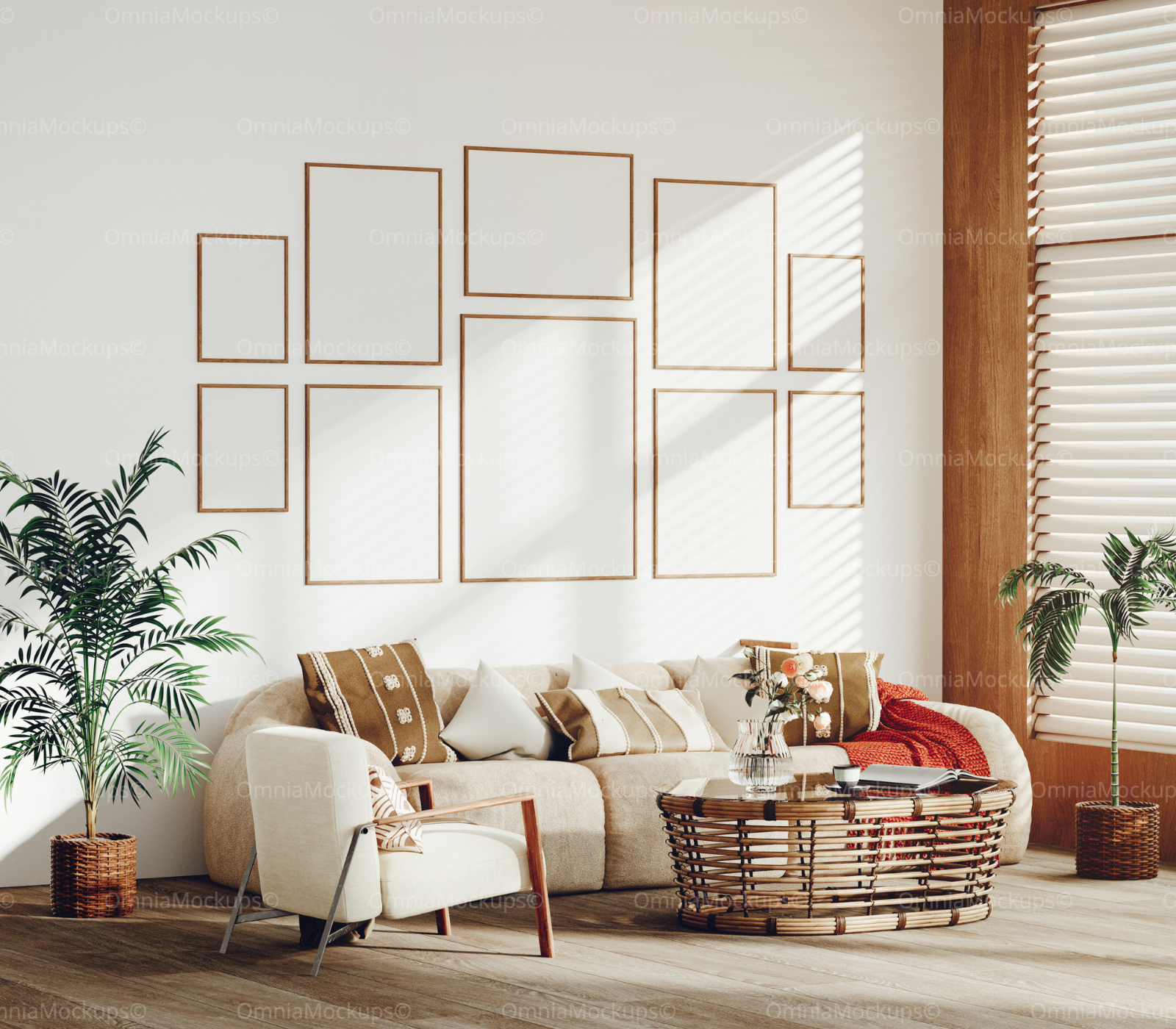 10 Living Room Wall Gallery 5x7 Frames Mockup With Sunlight