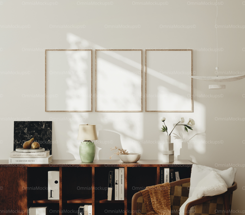 3 Vertical 3x4 Wall Frames Mockup With Sunlight