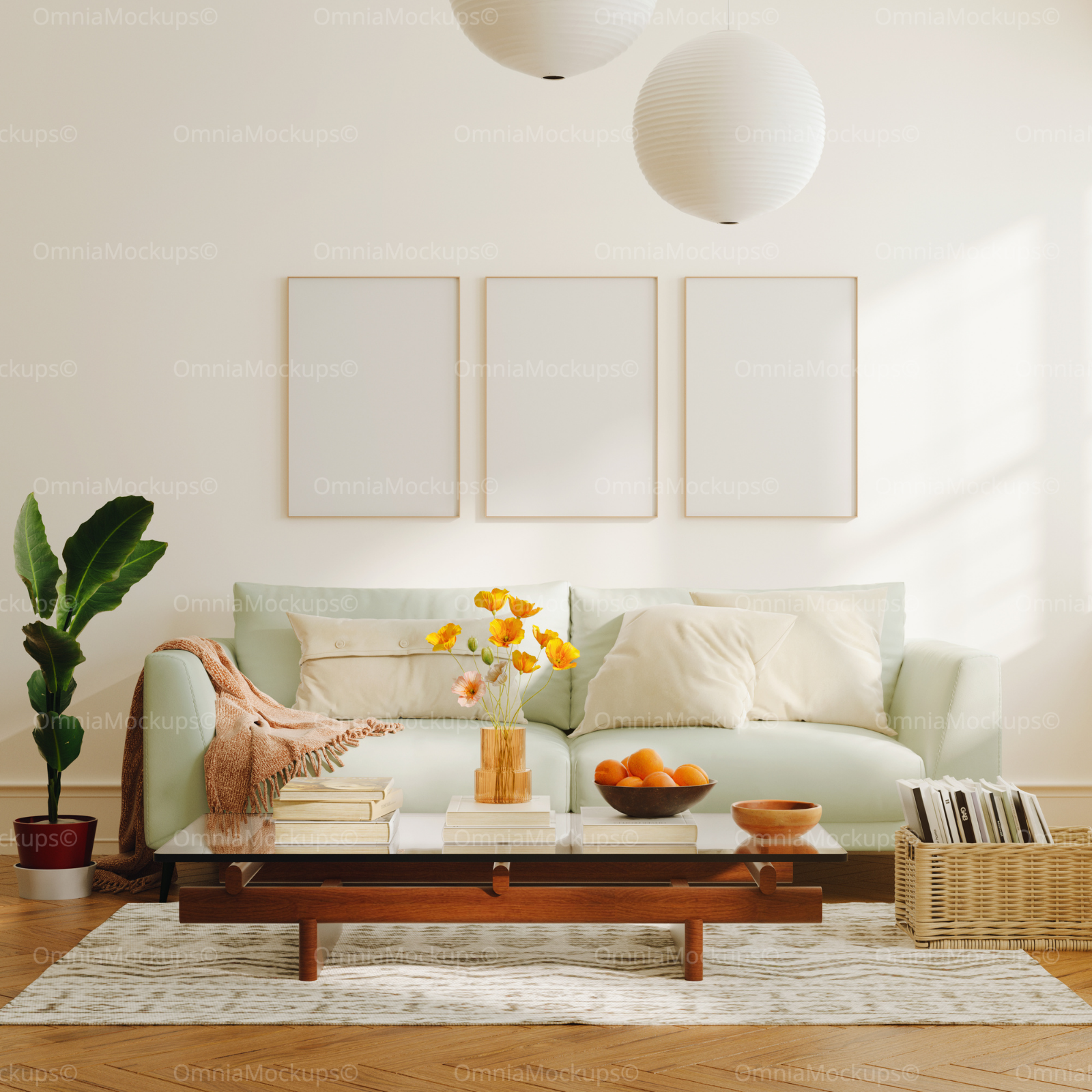 3 Vertical 5x7 Living Room Wall Frames Mockup