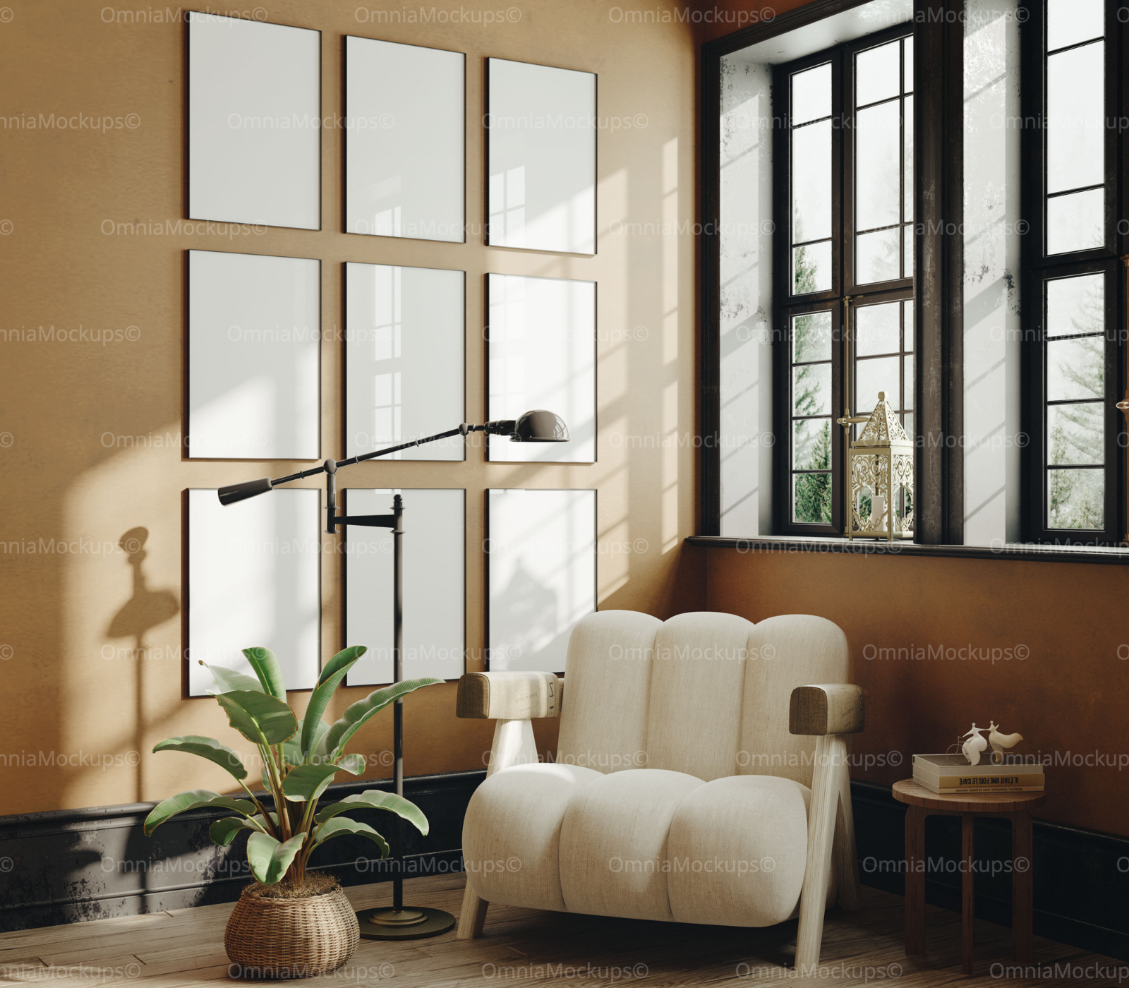 9 Vertical 5x7 Living Room Wall Frames Mockup With Sunlight