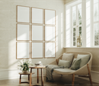 9 Vertical 8x10 Living Room Wall Frames Mockup With Sunlight