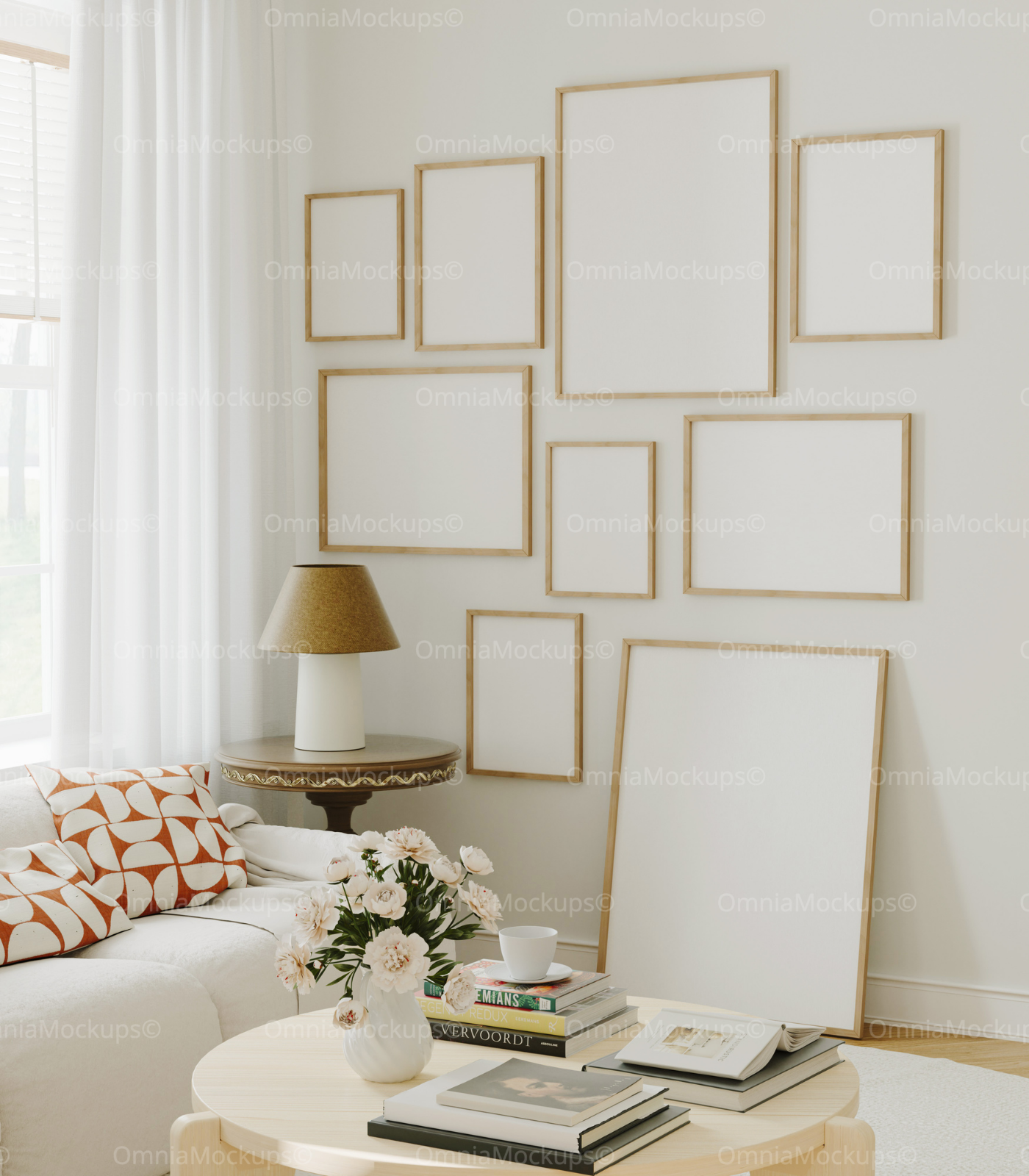 9 Living Room Gallery Frames Mockup With Reflection