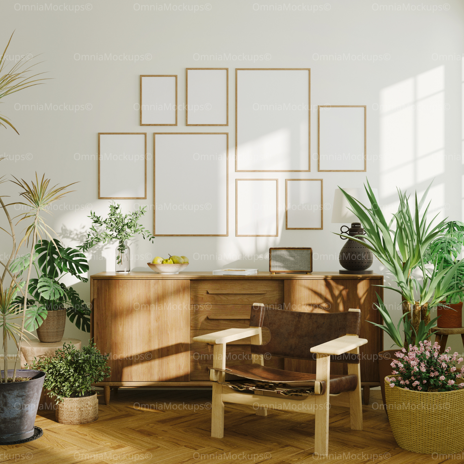 8 Vertical 5x7 Wall Frames Mockup With Sunlight