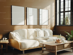 3 Vertical Living Room Frames Mockup With Sunlight