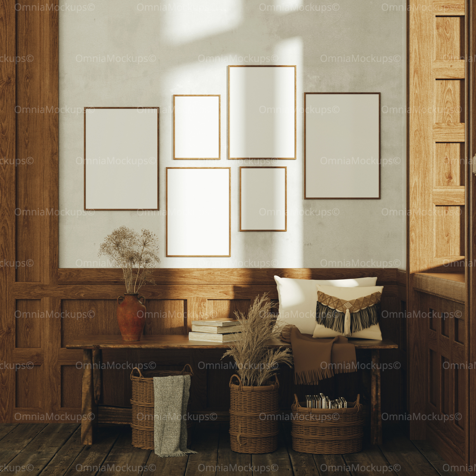 6 Vertical Wall Gallery Frames Mockup With Sunlight