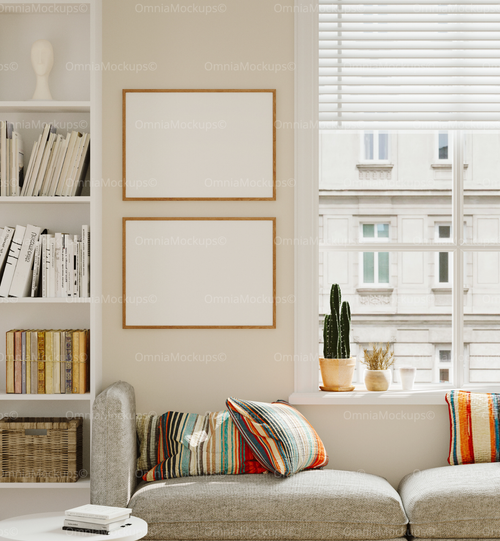 2 Horizontal 7x5 Living Room Wall Frames Mockup