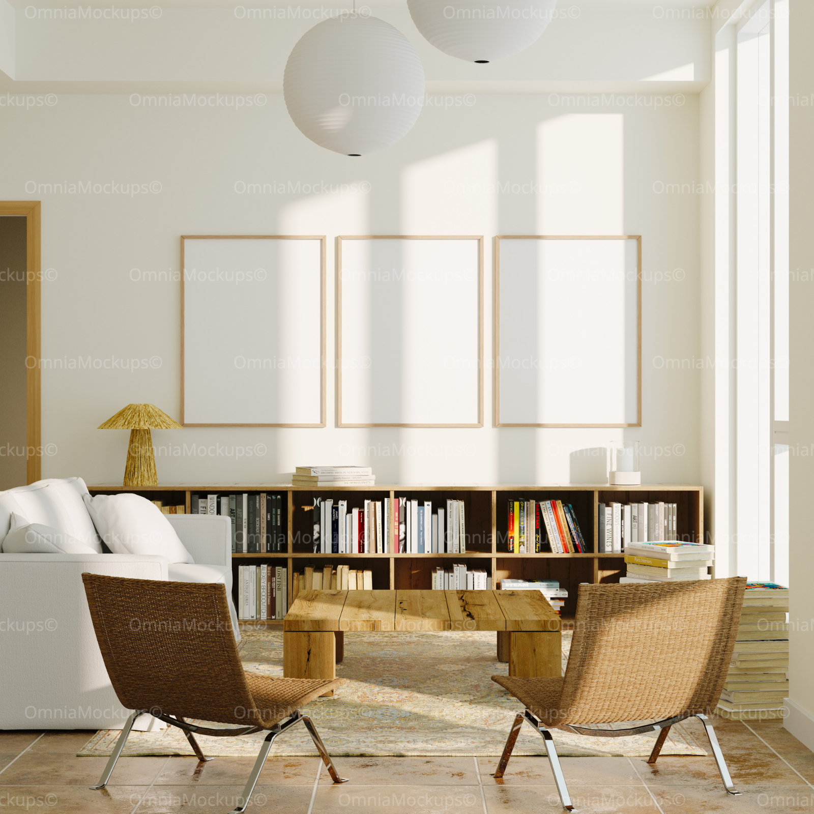 3 Vertical 3x4 Living Room Wall Frames Mockup With Sunlight