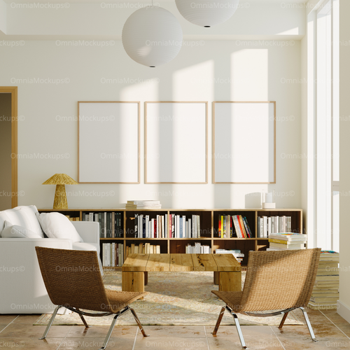 3 Vertical 3x4 Living Room Wall Frames Mockup With Sunlight