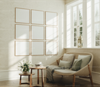 9 Square Living Room Wall Frames Mockup With Sunlight