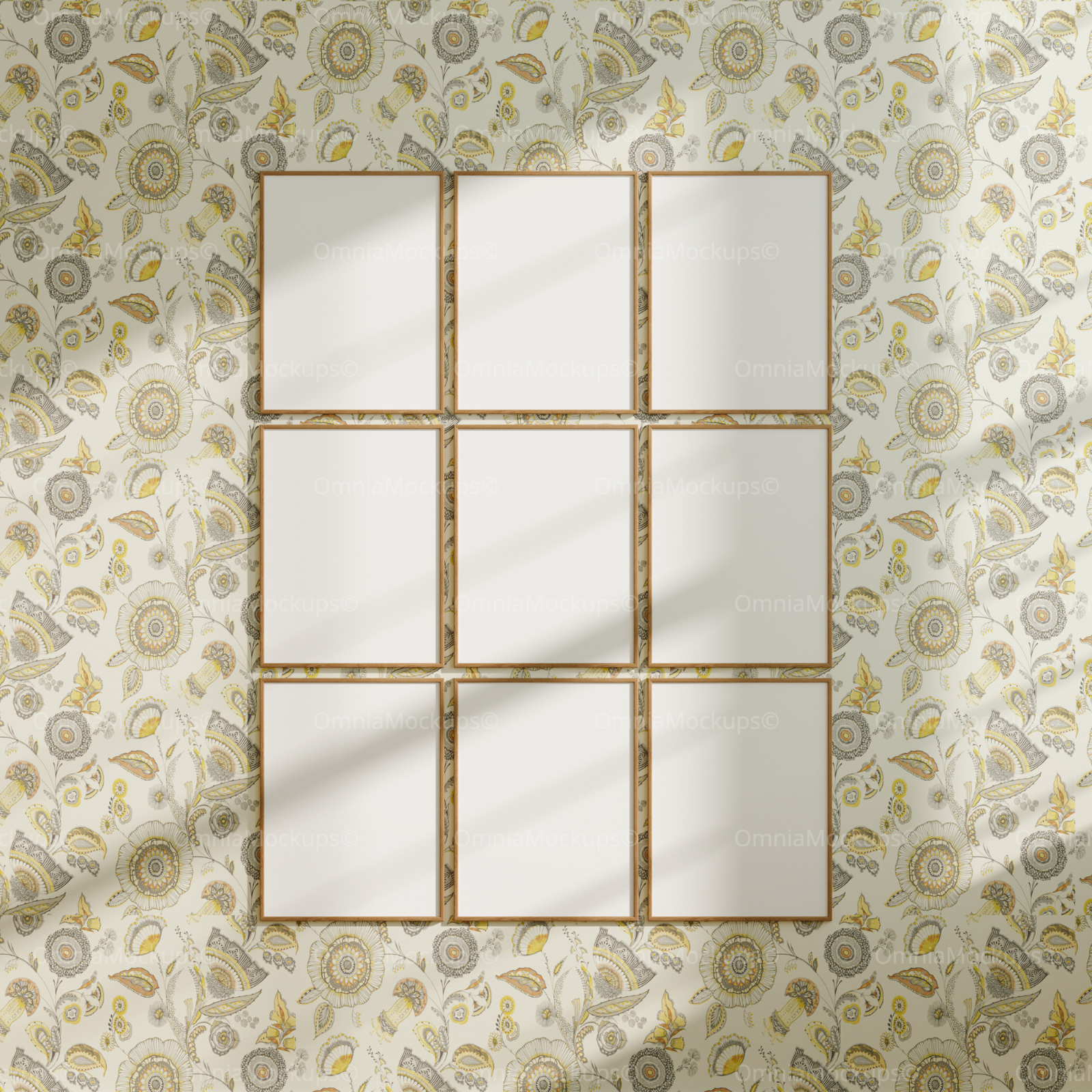 9 Vertical 3x4 Wall Gallery Frames Mockup With Sunlight