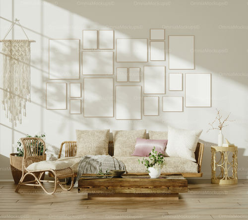 20 Living Room 3x4 Wall Gallery Frames Mockup With Sunlight