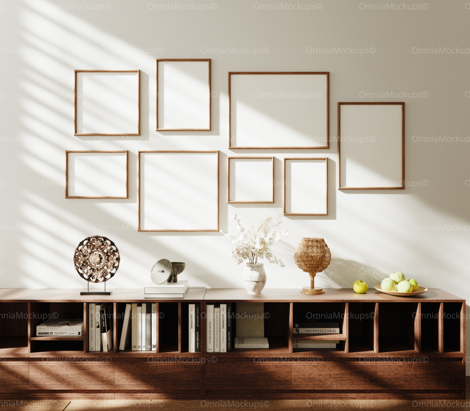 8 Wall Gallery Frames Mockup With Sunlight