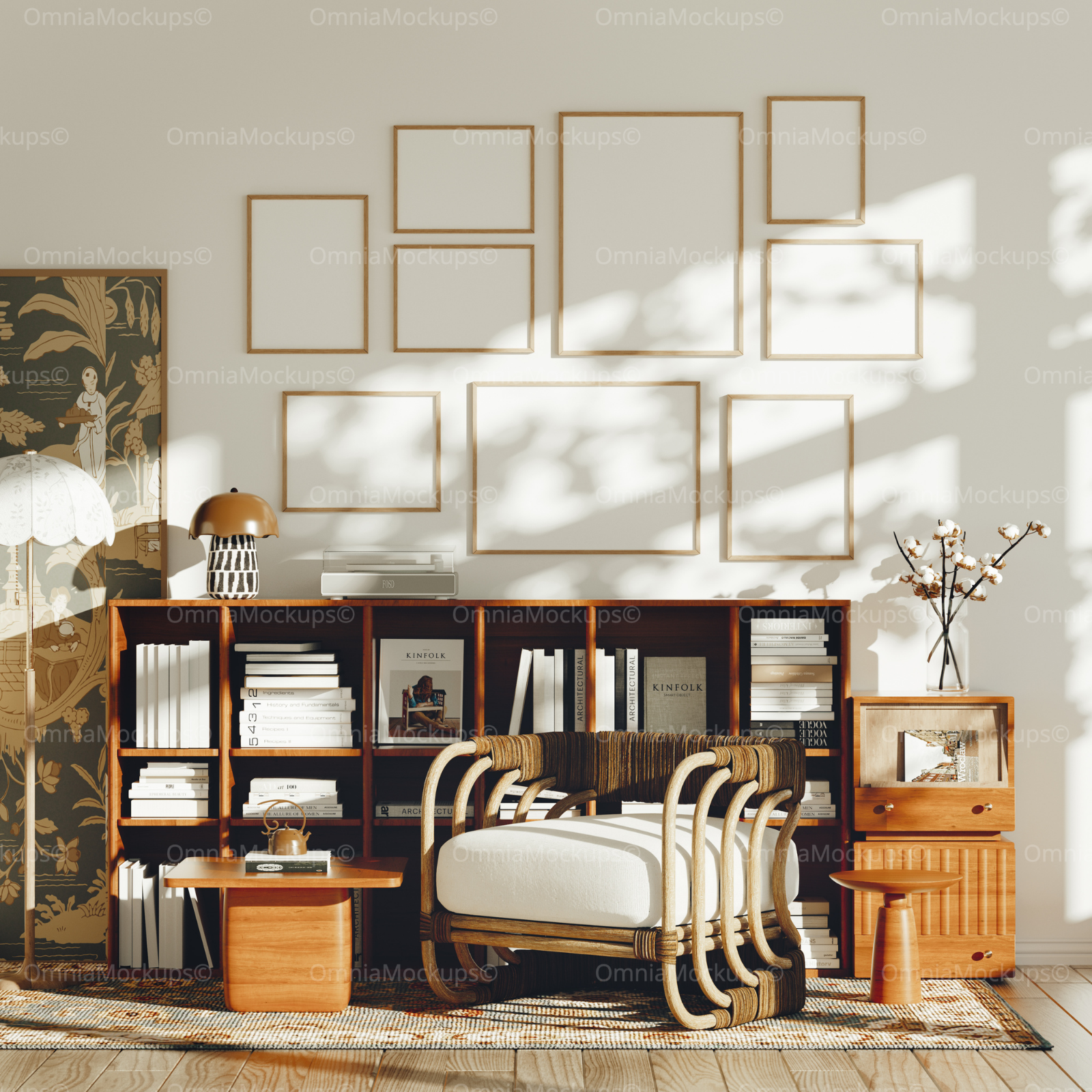 9 Wall Gallery 3x4 Frames Mockup With Sunlight