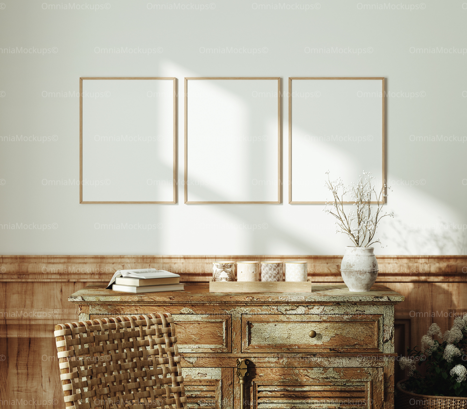 3 Vertical 3x4 Wall Frames Mockup With Sunlight
