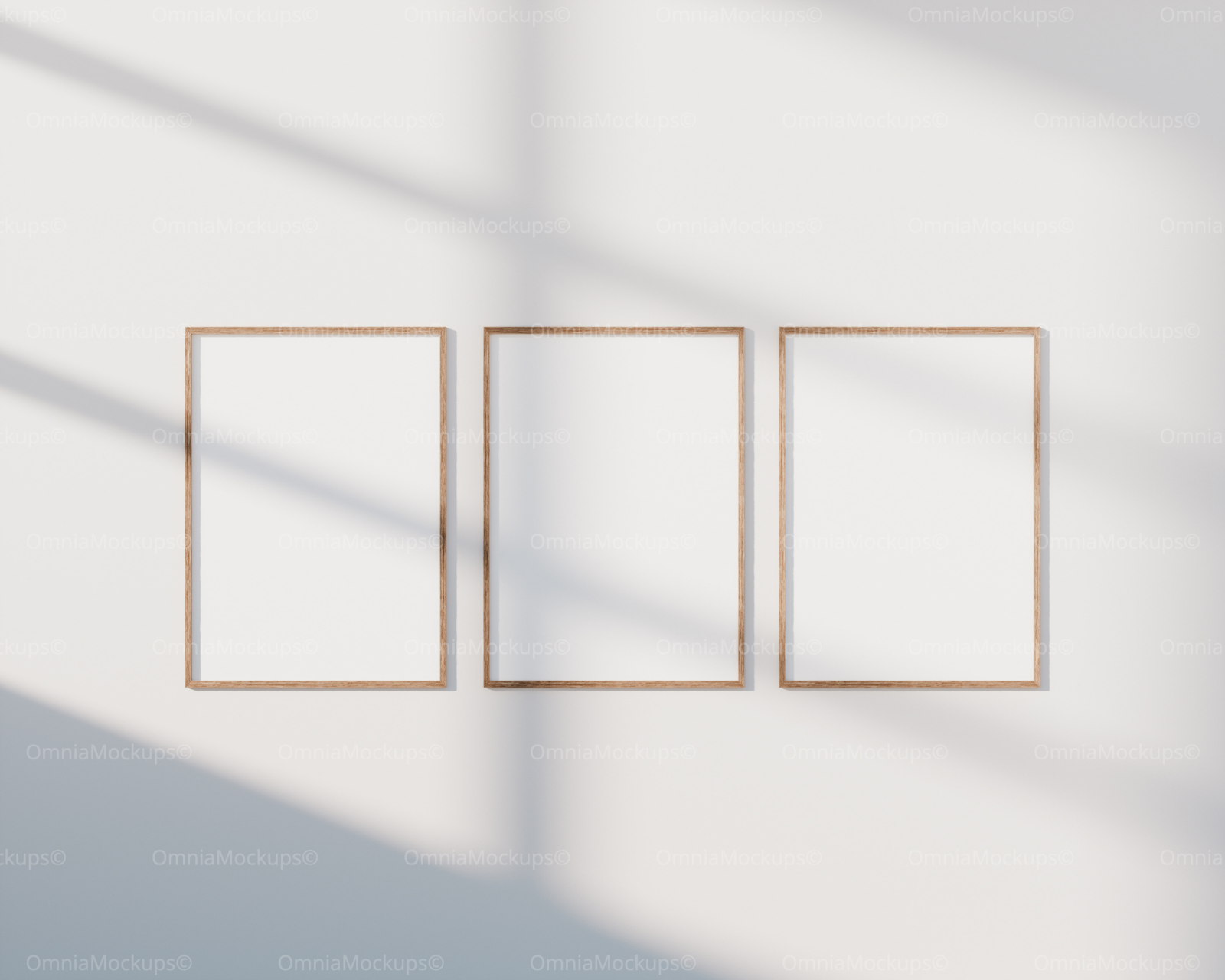 3 Vertical 5x7 White Wall Frames Mockup With Sunlight