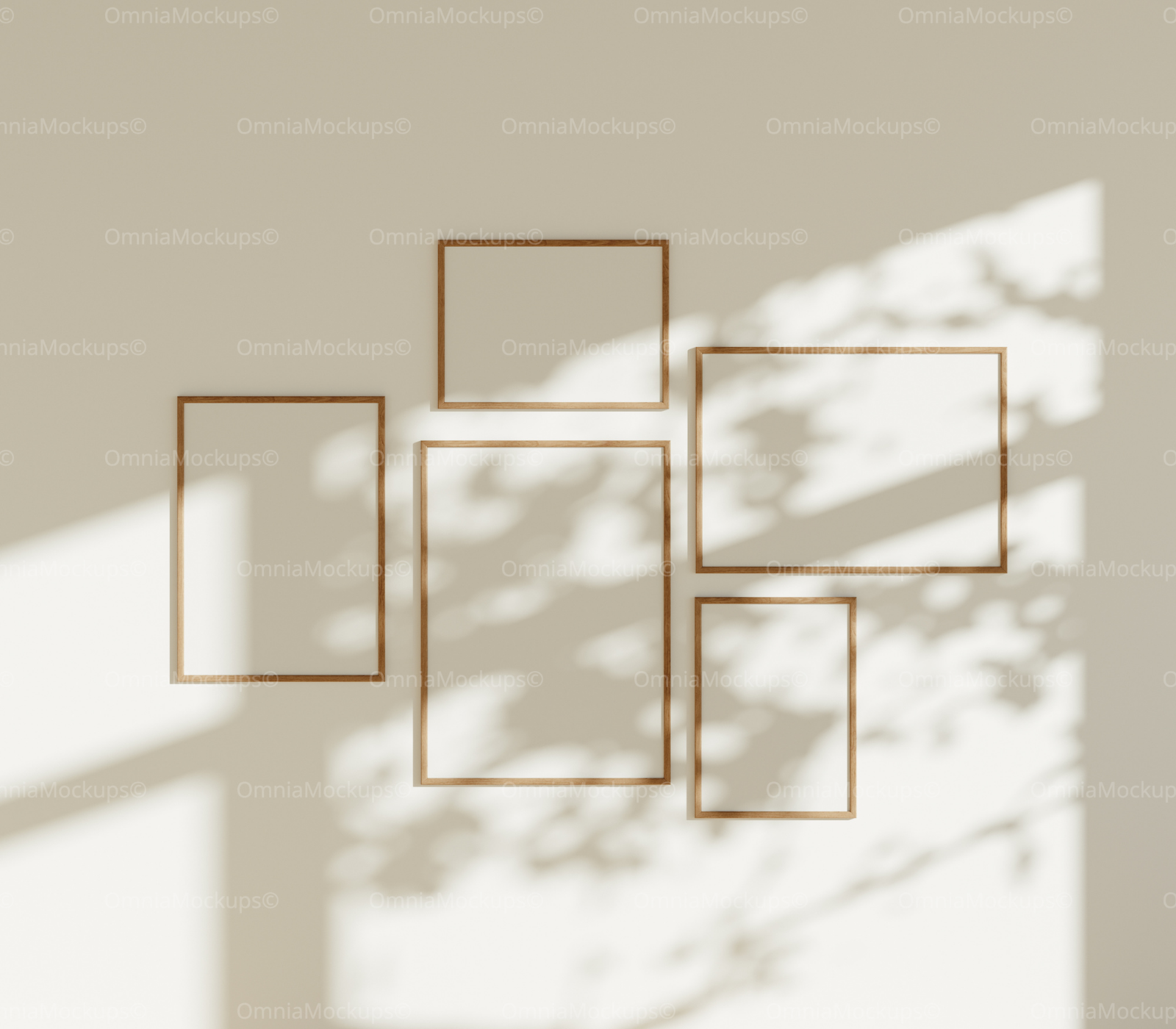 5 Wall Gallery 5x7 Frames Mockup With Sunlight
