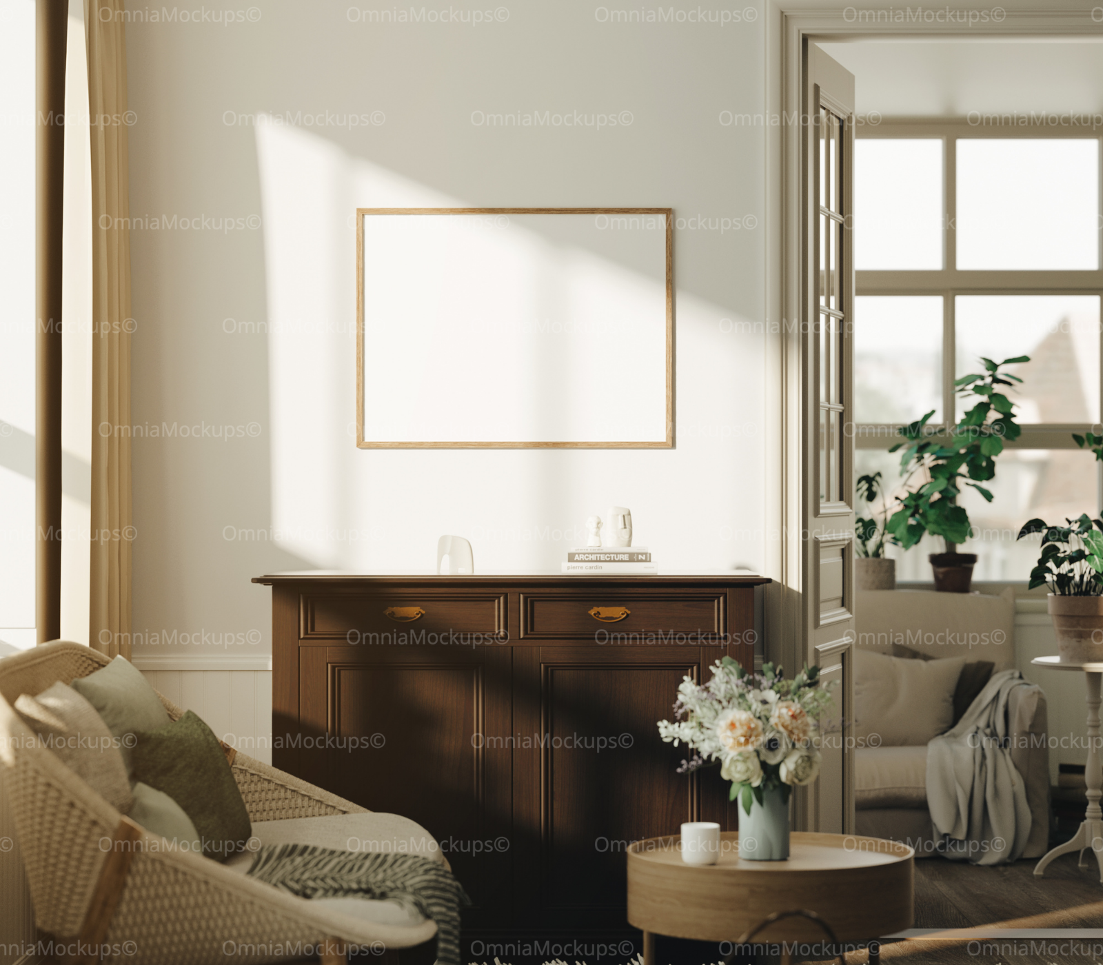 Horizontal 4x3 Living Room Wall Frame Mockup With Sunlight