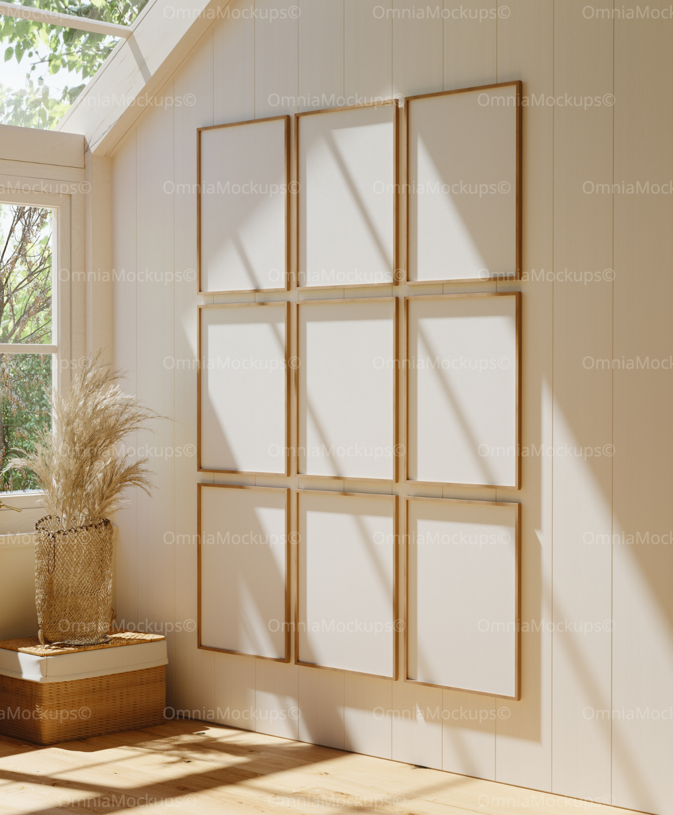 9 Vertical 3x4 Wall Frames Mockup With Sunlight