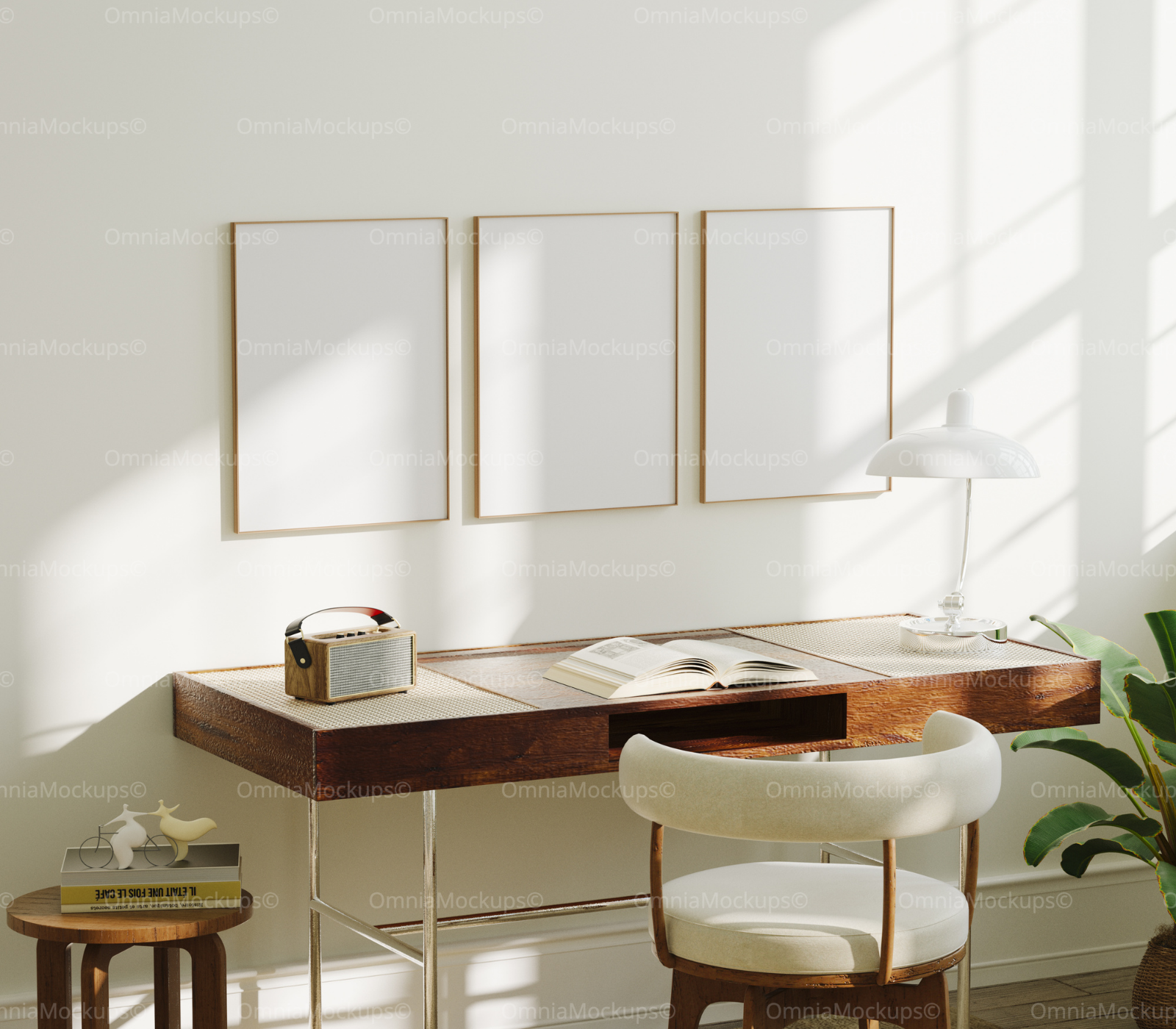 3 Vertical 3x4 Desk Room Frames Mockup With Sunlight