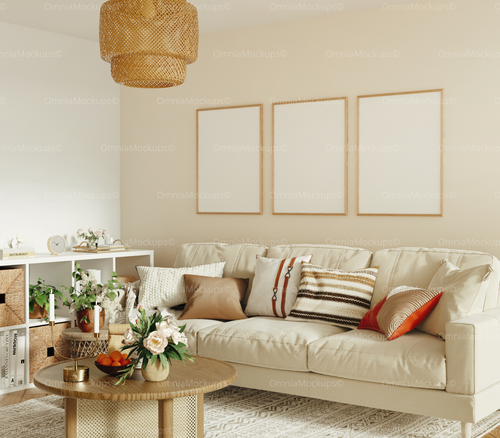 3 Vertical 3x4 Living Room Wall Frames Mockup