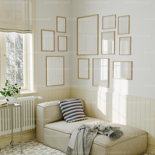 12 Bedroom Wall Gallery 3x4 Frames Mockup With Reflection