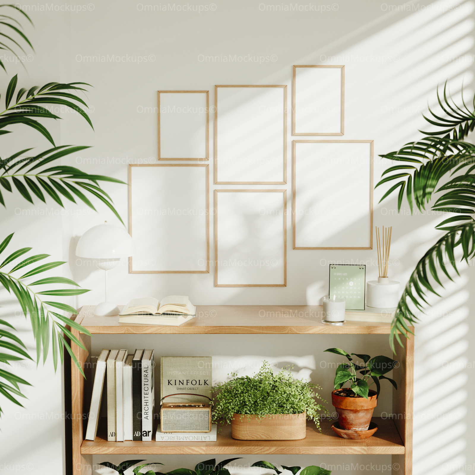 6 Vertical 5x7 Wall Frames Mockup With Sunlight