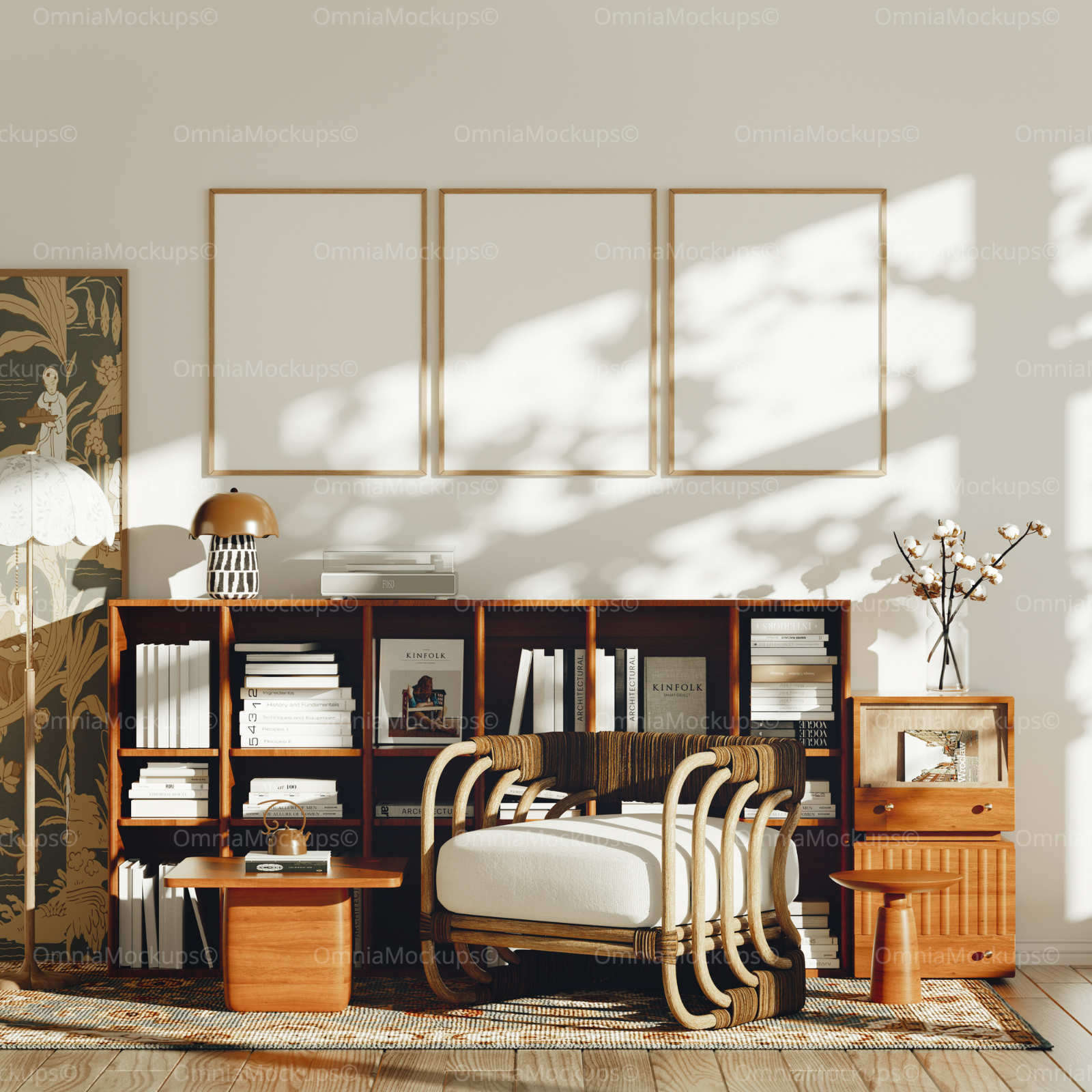 3 Vertical 3x4 Wall Frames Mockup With Sunlight