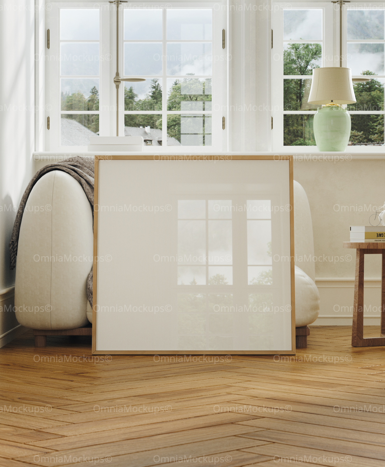 Square Living Room Frame Mockup With Reflection