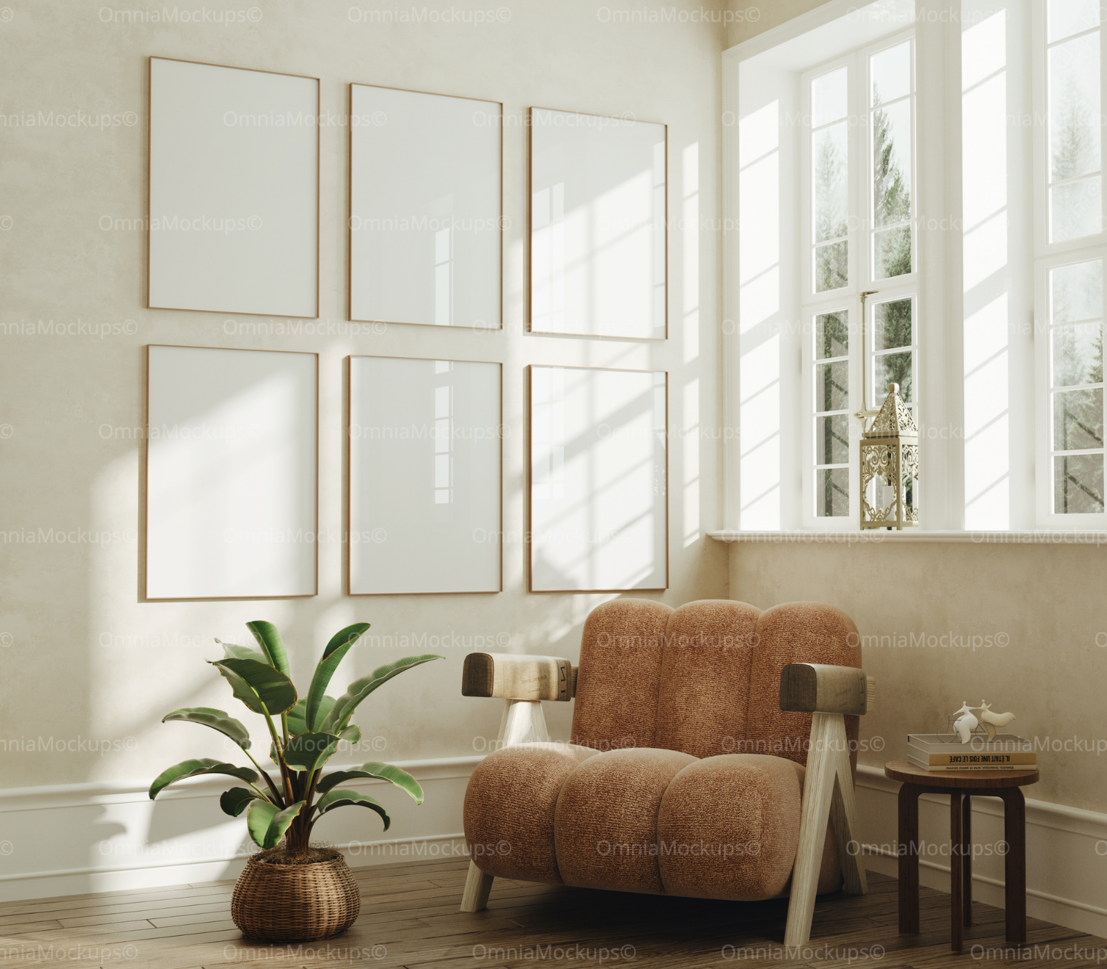 6 Vertical 5x7 Living Room Wall Frames Mockup With Sunlight
