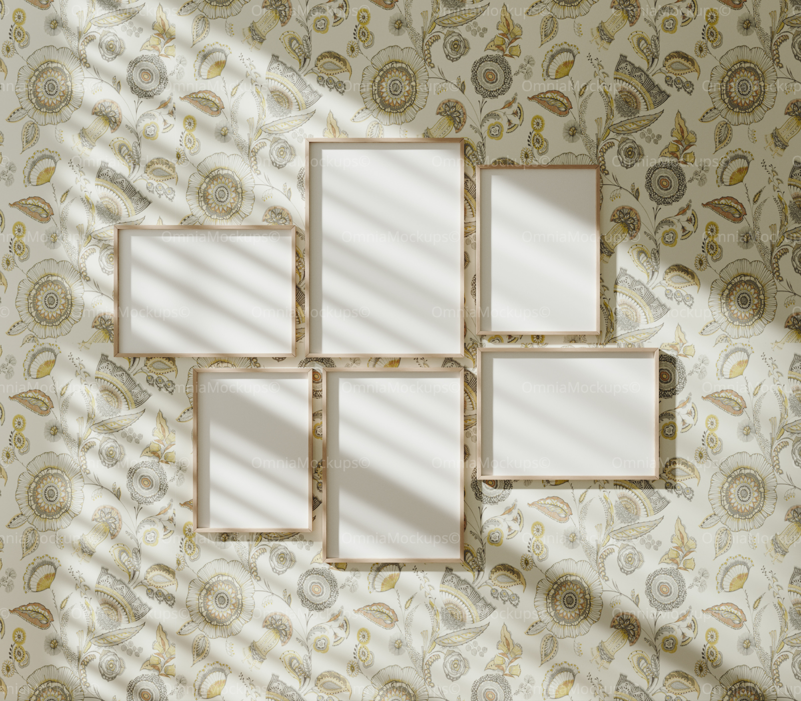 6 Wall Gallery 5x7 Frames Mockup With Sunlight