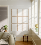 9 Vertical 3x4 Living Room Wall Frames Mockup With Sunlight