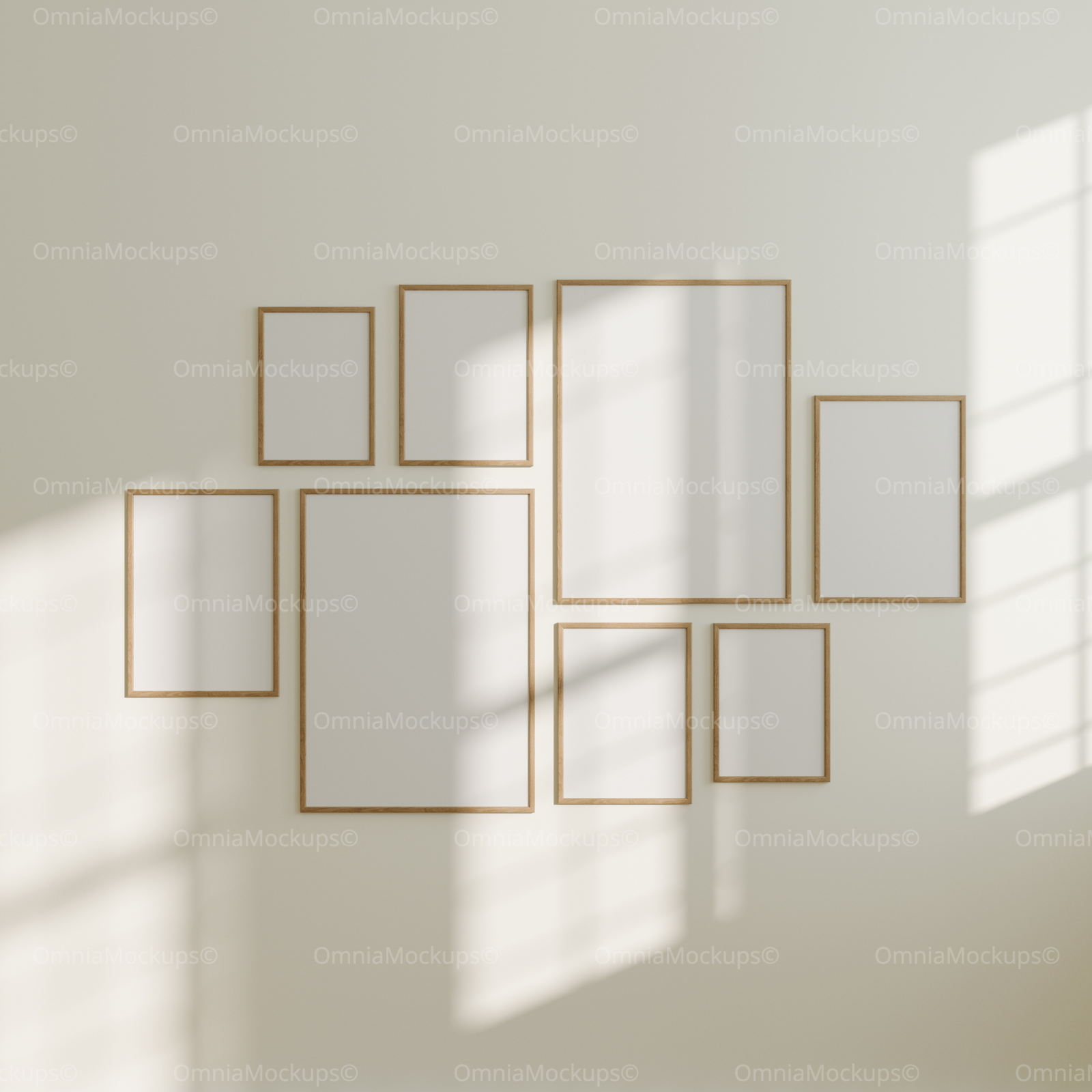 8 Wall Gallery 5x7 Frames Mockup With Sunlight