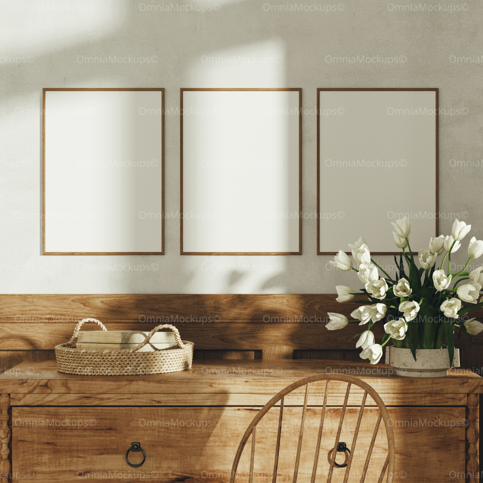 3 Vertical 5x7 Wall Frames Mockup With Sunlight