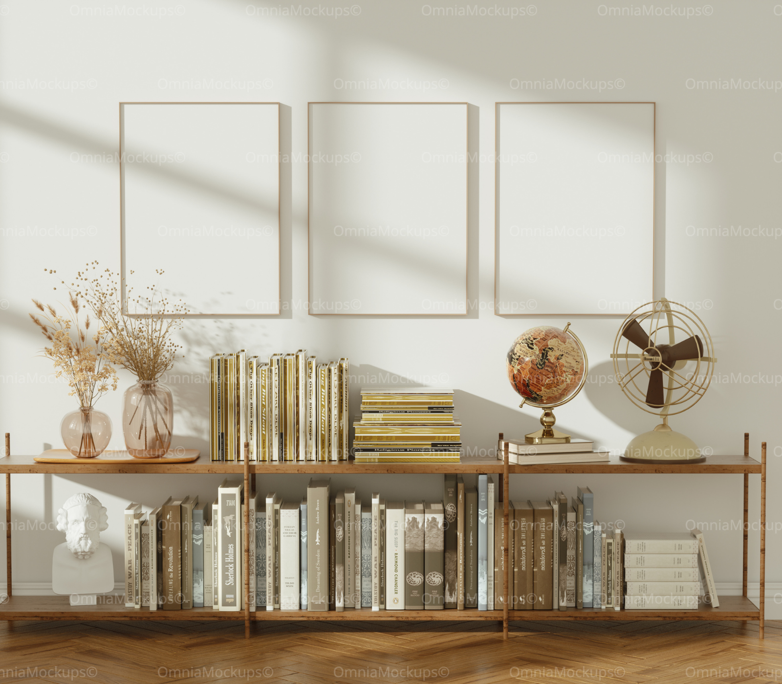 3 Vertical 3x4 Wall Frames Mockup With Sunlight