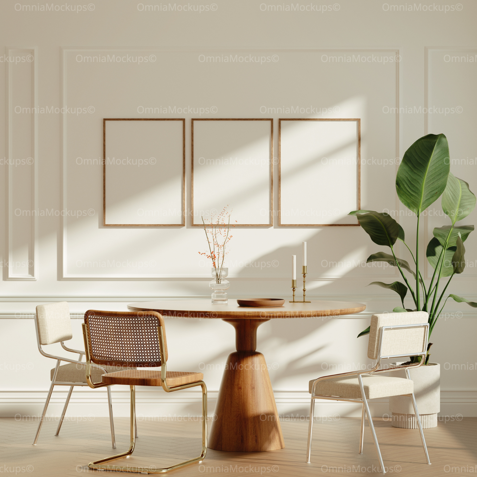 3 Vertical 3x4 Dining Table Wall Frames Mockup With Sunlight