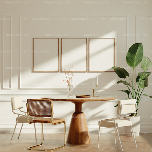 3 Vertical 3x4 Dining Table Wall Frames Mockup With Sunlight