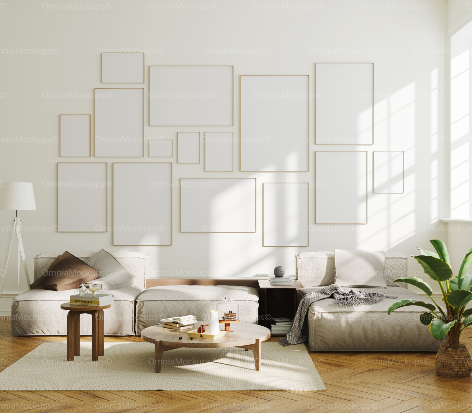 13 Living Room Wall Gallery Frames Mockup With Sunlight