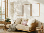 3 Vertical Living Room Frames Mockup With Sunlight