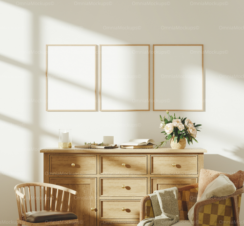 3 Vertical 3x4 Wall Frames Mockup With Sunlight
