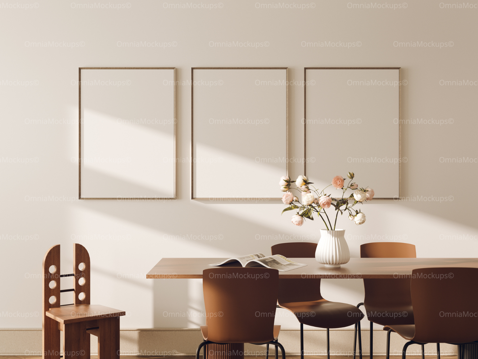 3 Vertical 5x7 Dining Table Frames Mockup With Sunlight