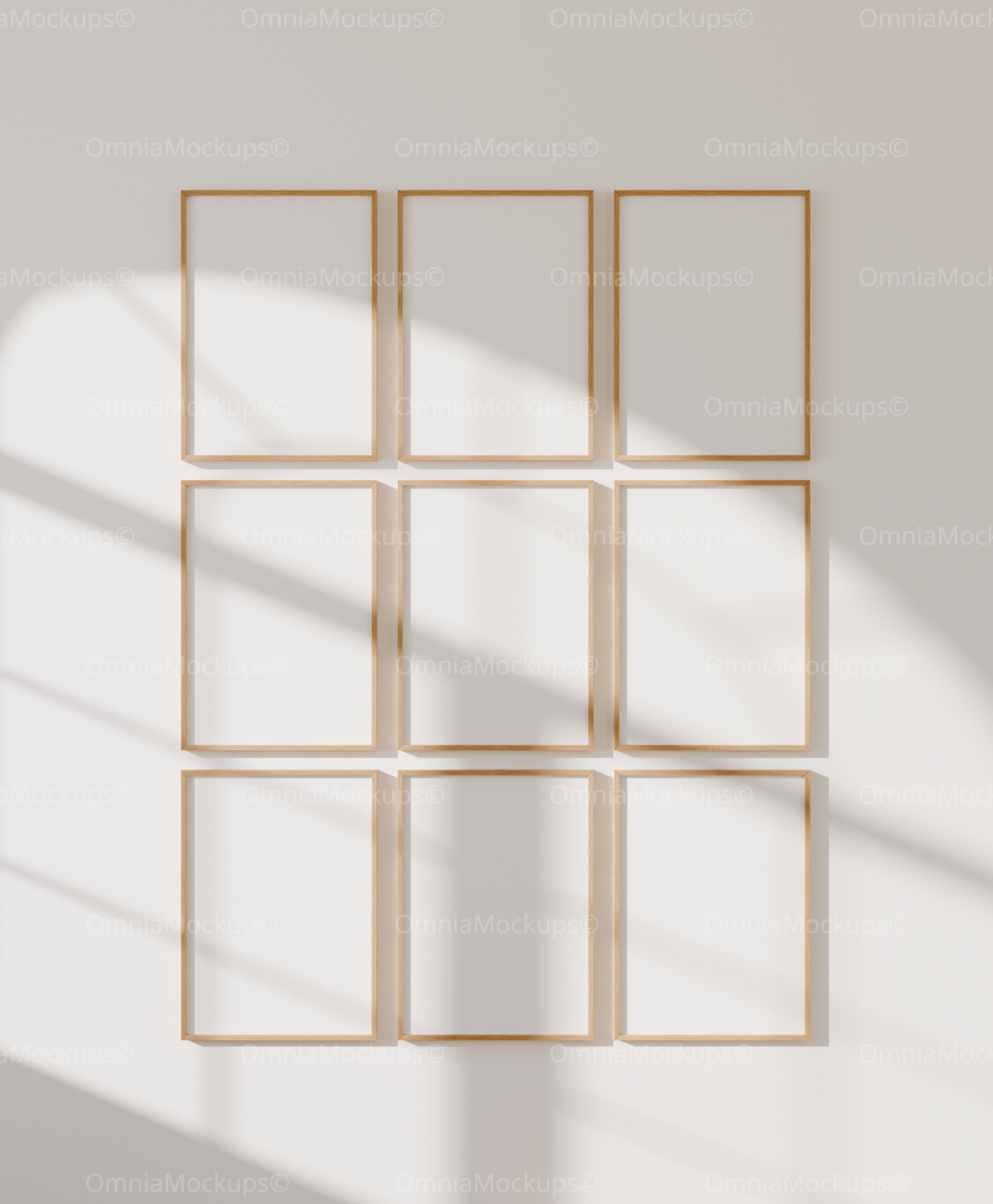 9 Vertical 5x7 Wall Frames Mockup With Sunlight