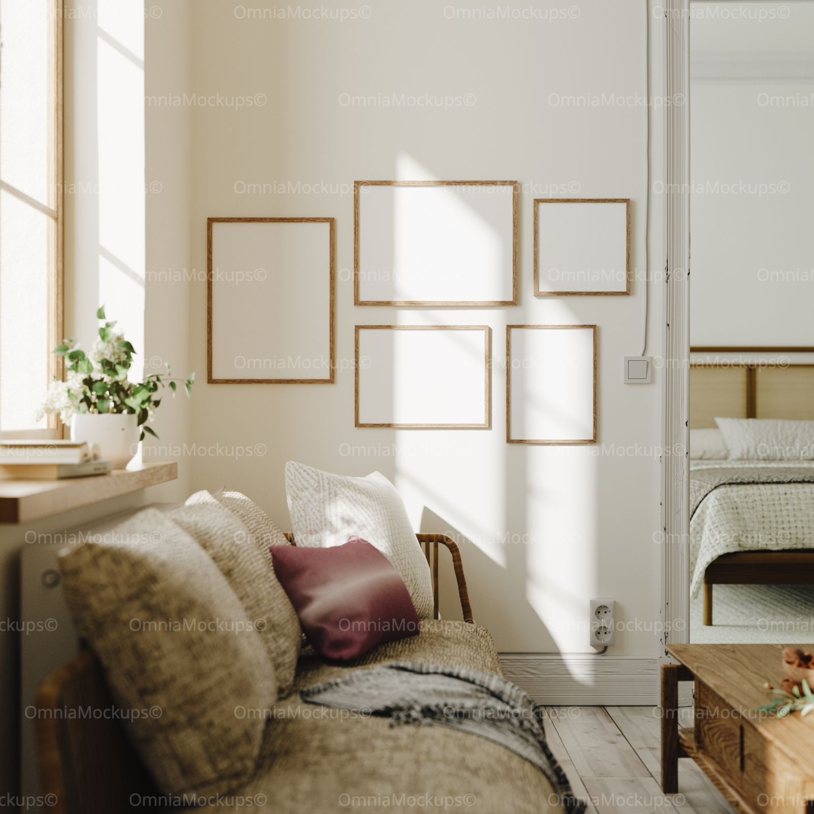5 Wall Gallery 3x4 Frames Mockup With Sunlight