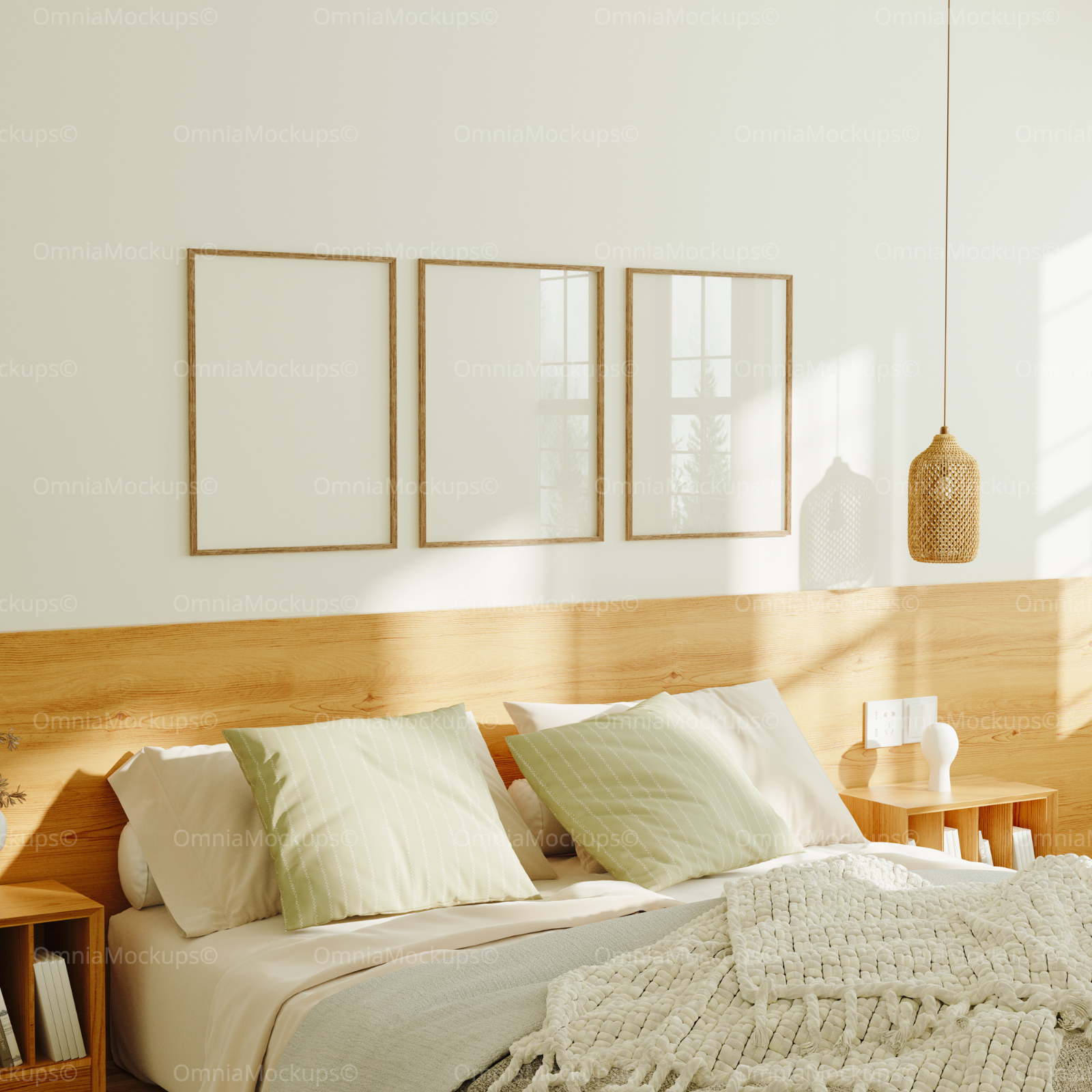 3 Vertical 3x4 Bedroom Wall Frames Mockup With Reflection