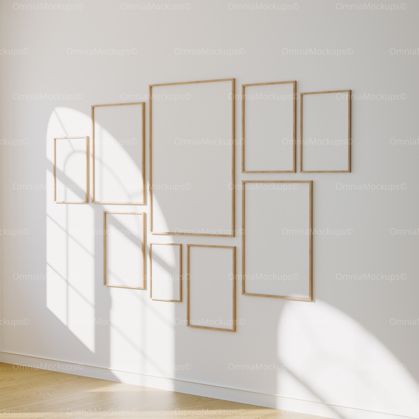 9 Vertical Wall Gallery 5x7 Frames Mockup With Sunlight
