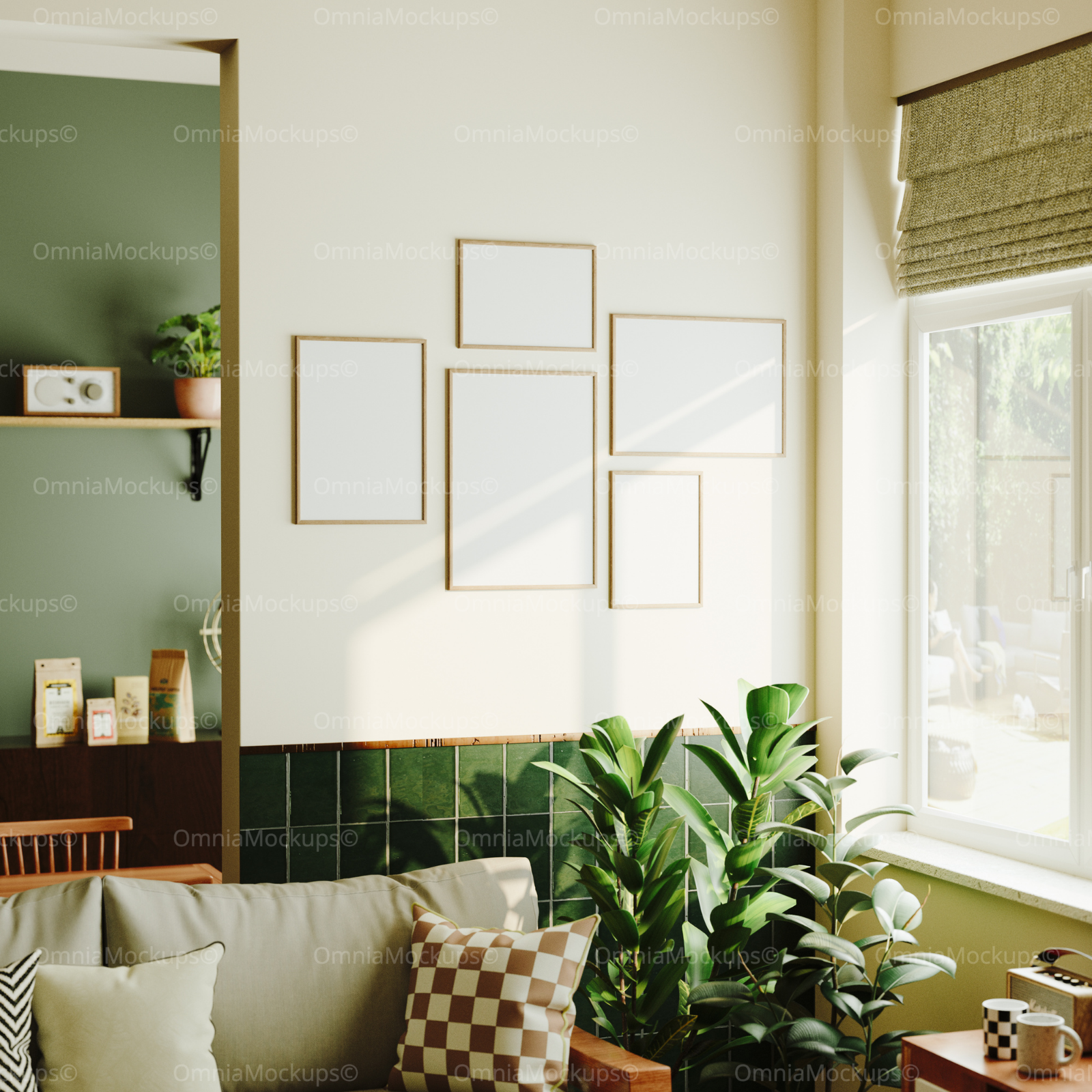5 Living Room Wall Gallery 5x7 Frames Mockup With Sunlight