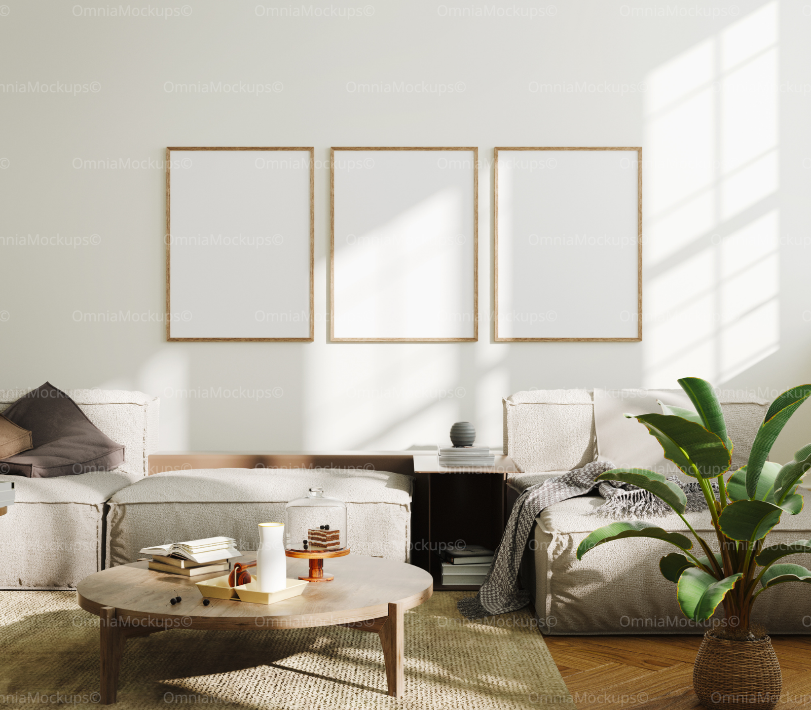 3 Vertical 3x4 Living Room Wall Frames Mockup With Sunlight