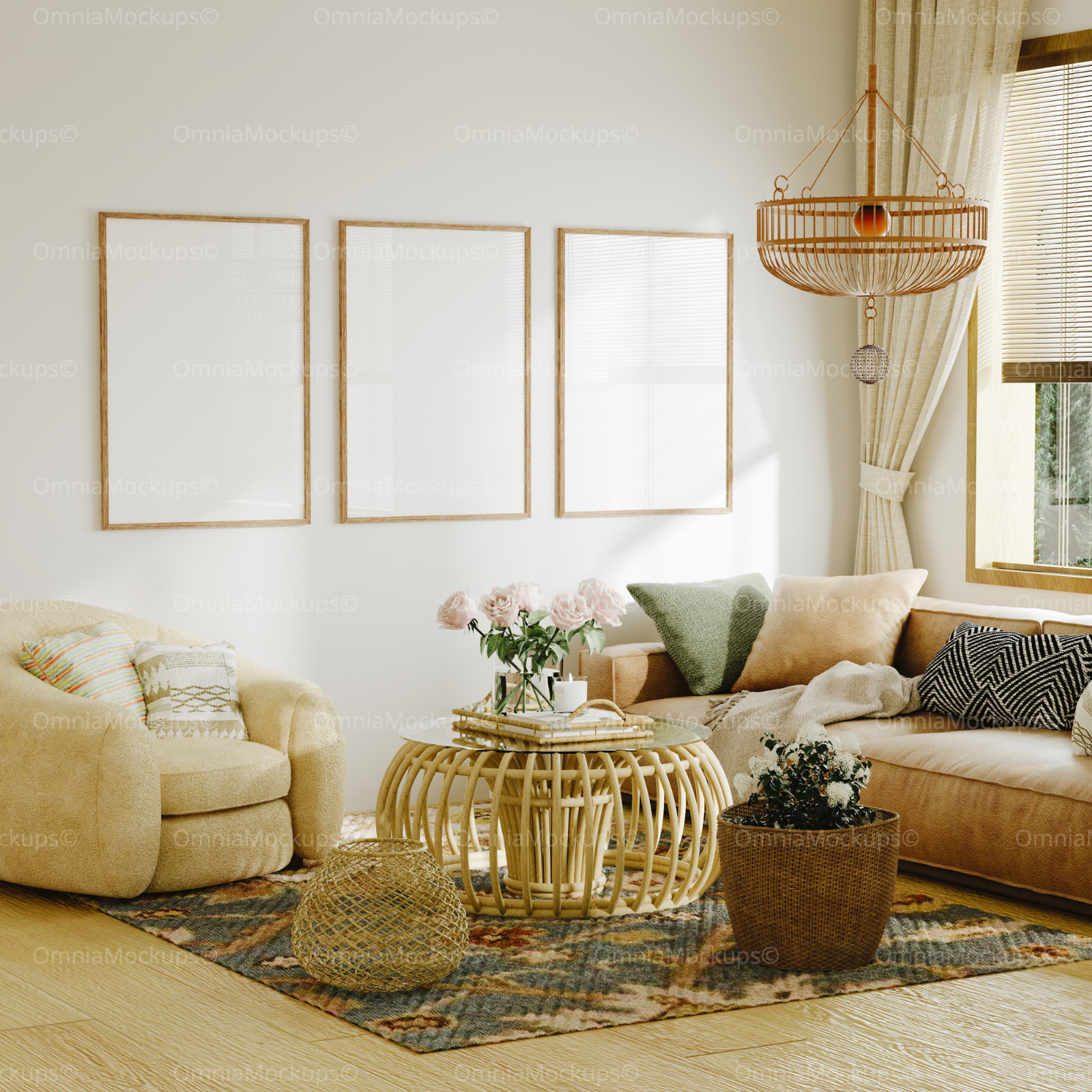 3 Vertical 5x7 Living Room Wall Frames Mockup