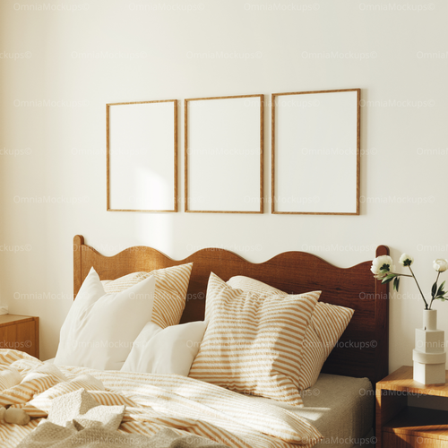 3 Vertical 3x4 Bedroom Wall Frames Mockup