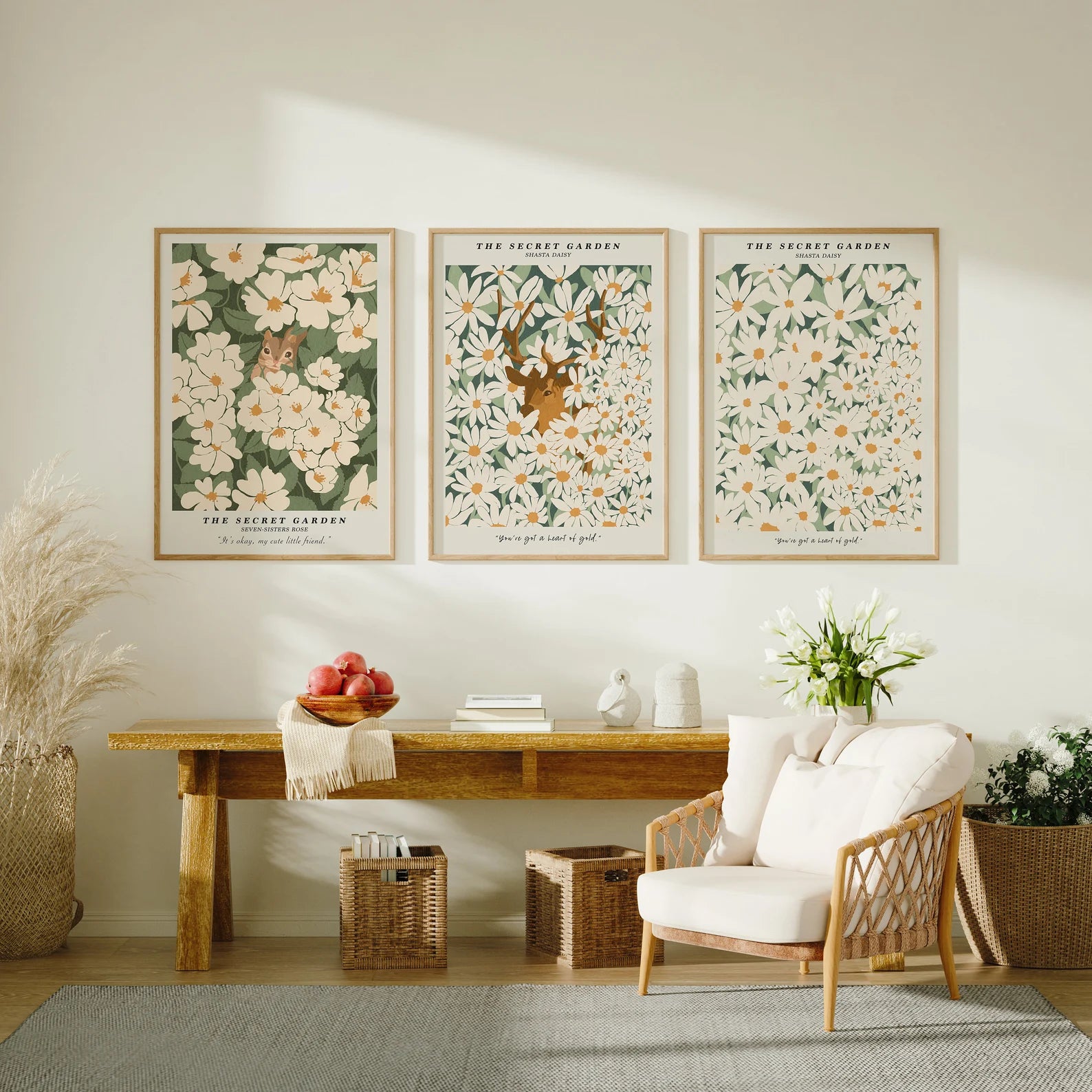 3 Vertical 5x7 Living Room Wall Frames Mockup With Sunlight