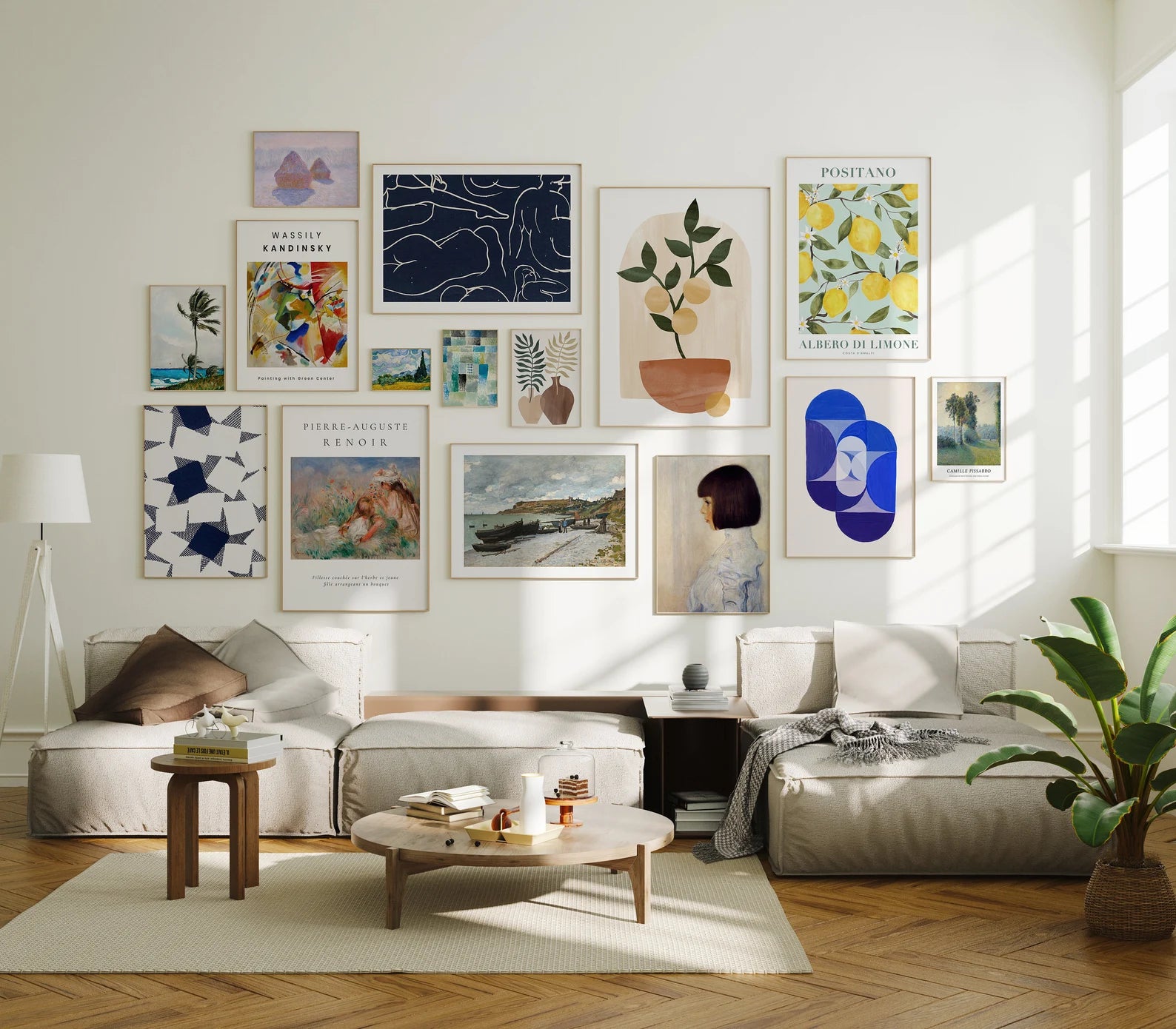 13 Living Room Wall Gallery Frames Mockup With Sunlight